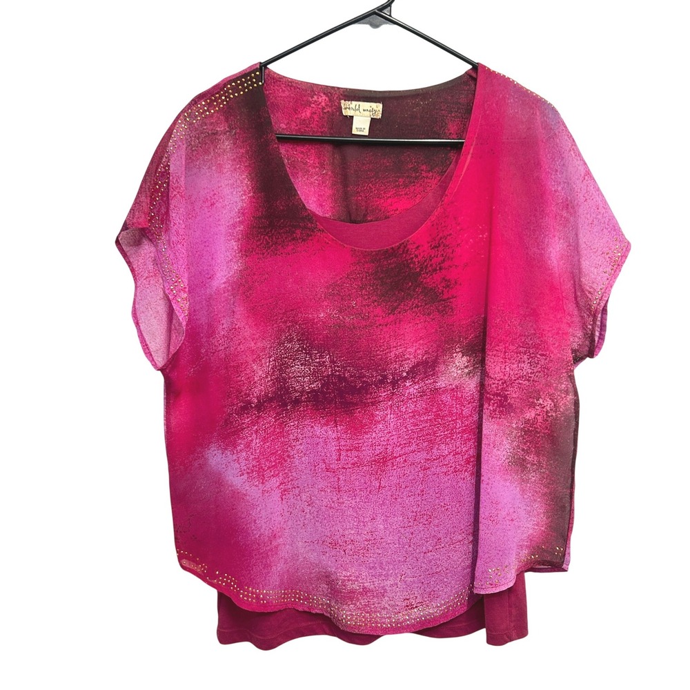 Y2K Pink Sheer Mesh Rhinestone Overlay Top L Fairy Grunge Glam Going Out